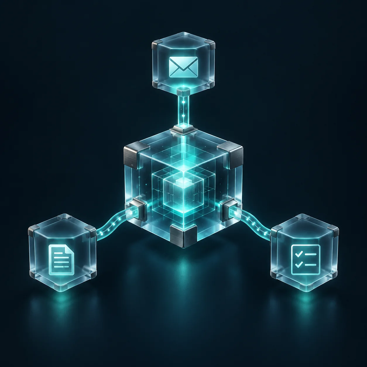 Ilustración de un núcleo de IA conectado con correo, documentos y tareas mediante módulos de cristal iluminados en cian.